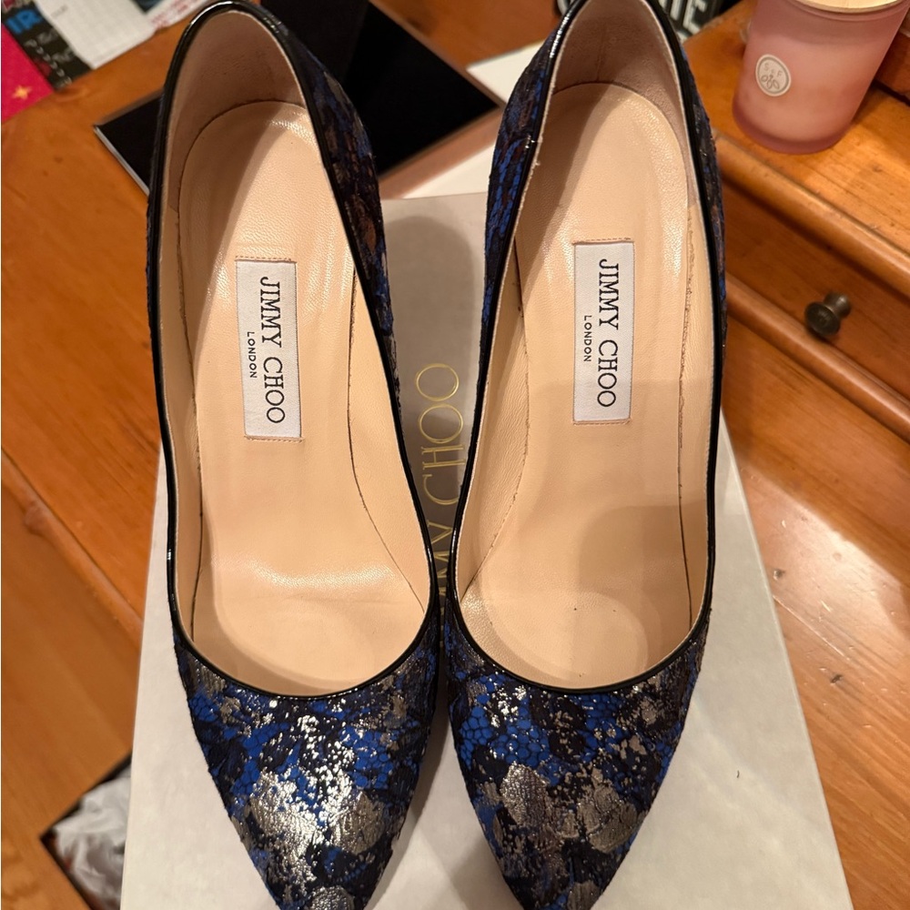Jimmy Choo Black and Blue Floral Heels